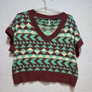 Free People Green Cream V-Neck Sweater